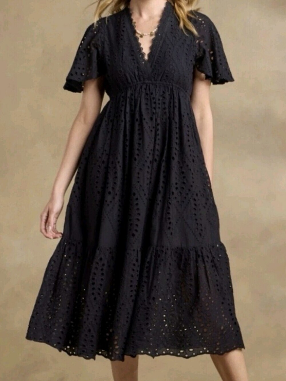 Sundance Avellino Black Eyelet Midi Dress XS New Flutter Sleeve Tiered Bohemian